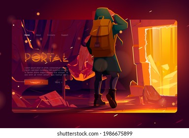 Portal banner with man in mountain cave with ancient stone arch with golden glow. Vector landing page with cartoon fantasy illustration with traveler with backpack walks to magic portal