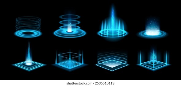 Portal. Néon futurista azul brilho holograma palco de jogo com brilhos e vórtice, teleporte pódio com feixes de luz. A HUD transporta energia com raios azuis. Conjunto de plataformas de produtos vetoriais de tecnologia 3D.