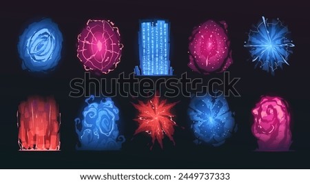 Portal cartoon effects. Magic gate teleportation, fantasy vortex and door frame, fantastic multiverse elements. Vector isolated set. Blue and red glowing gates for games of different shapes