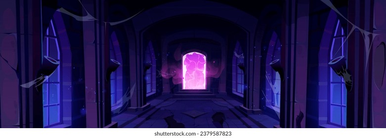 Portal door in abandoned magic castle fantasy game background. Dark medieval spooky palace room with purple aura steam doorway entrance. Broken floor inside temple with spider web illustration.