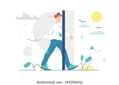 Portal door to better living vector illustration. Man step from grey and sad life to sunny and happy life flat style. New life, change your mind, season change concept. Isolated on white background