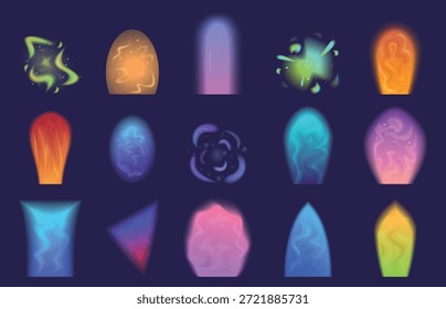 Efectos de portal. Brilla el efecto vibrante, plasma de resplandor líquido. Vórtice mágico, teletransportadores de fantasía brillantes. Elementos fantásticos del juego de ordenador, sistema sapid del Vector