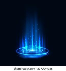 Portal futuristic hologram, realistic teleport. Vector illustration fantasy aura, magic teleport or level up effect in ui gui game. Illuminated spotlight with falling rays, podium neon laser