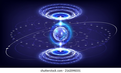 Portal and Globe hologram science futuristic. Digital hi-tech in glowing HUD projector. Magic gate in game fantasy. Circle teleport podium. GUI and UI virtual reality. Placeholder and copy space