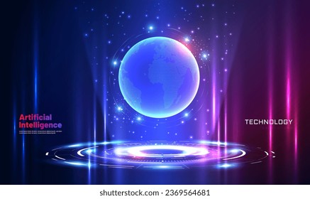 Portal and Globe hologram science futuristic. Sci-fi digital technology concept. Artificial Intelligence. Magic gate in game fantasy. Teleport. Warp gate.GUI, UI, 3d virtual reality.Tech. Vector EPS10