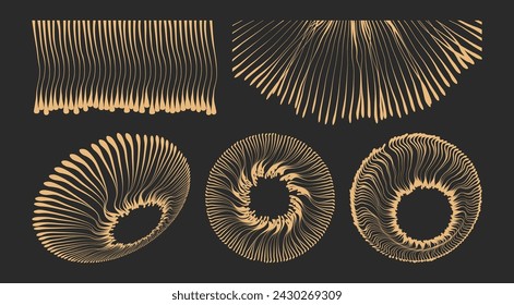 Portal hole made from many curved strips. Abstract energy formation. Effect flowing drops liquid. Droplets hang. Something hanging down. Vector for brochure, poster, presentation, flyer or banner.