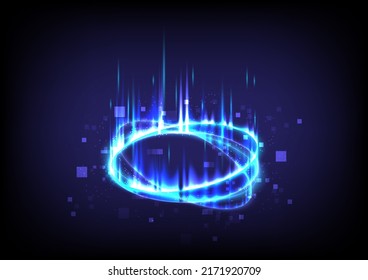 Portal and hologram blue flame stage. Music sound wave. Sci-fi digital hi-tech in glowing HUD projector. Magic gate in game fantasy. Circle teleport podium. GUI and UI virtual reality 3D