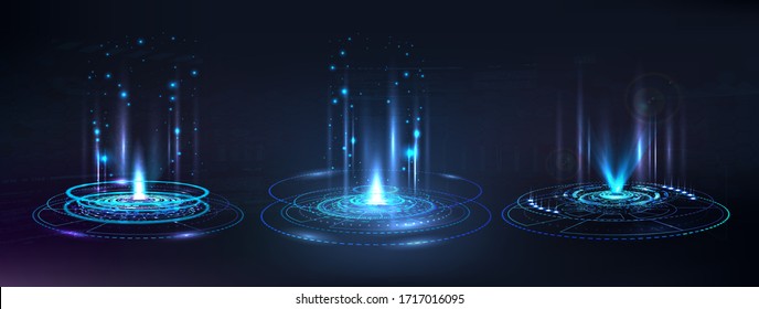 Portal and hologram futuristic circle elements. Sky-fi digital hi-tech collection in HUD style. Magic circle teleport podium. GUI, UI virtual reality projector. Abstract hologram technology. Vector