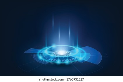 Portal and hologram futuristic circle elements in HUD style teleport podium. GUI, UI virtual reality projector. Abstract hologram technology. 