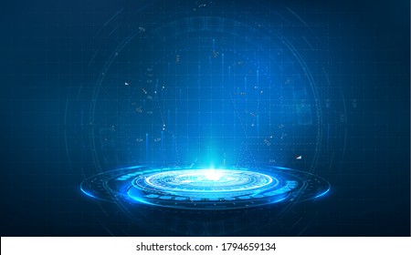 Portal And Hologram Futuristic Circle On Blue Isolate Background. Abstract High Tech Futuristic Technology Design. Round Shape. Circle Sci-fi Elements With Light And Lights. Vector Illustration