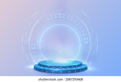 Portal and hologram futuristic Neon color circle elements. Standard podium or studio futuristic pedestal round platform showroom. Circle stage and blue neon light. Science fiction 3D illustration.