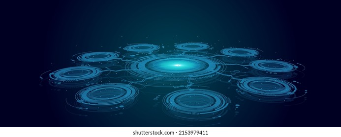 Elementos de círculo color neón futurista del portal y el holograma. Clonar máquina, concepto de clonación o fondo de ciencia ficción. Soporte de teletransportación de círculo mágico. Manifestación tecnológica al estilo del ciberpunk