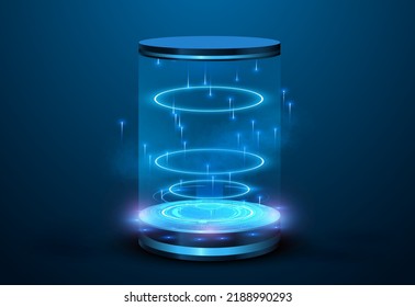 Portal and hologram futuristic Neon color circle elements. Standard podium or studio futuristic pedestal round platform showroom. Magic circle teleport stand. Cyberpunk blue style.