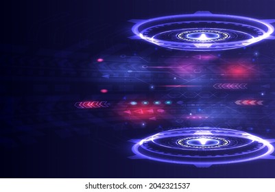 Portal and hologram science futuristic. Sci-fi digital hi-tech in glowing HUD projector. Circle teleport podium and stage for reporter. GUI and UI virtual reality. Placeholder and space