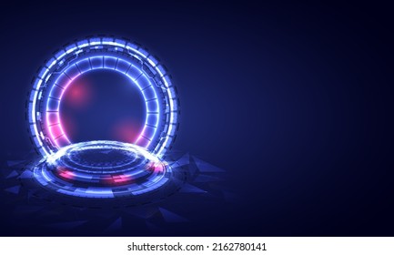 Portal and hologram science futuristic. Sci-fi digital hi-tech in glowing HUD projector. Circle teleport podium and stage for reporter. GUI and UI virtual reality. Background for showing product