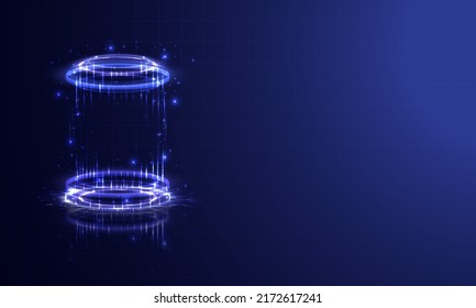 Portal and hologram science futuristic. Sci-fi digital hi-tech in glowing HUD projector. Magic gate in game fantasy. Circle teleport podium. GUI and UI virtual reality. Showing product. Landing page