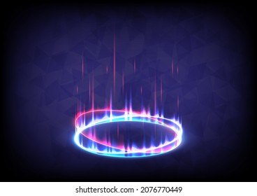 Portal and hologram science futuristic stage. Music sound wave. Sci-fi digital hi-tech in glowing HUD projector. Magic gate in game fantasy. Circle teleport podium. GUI and UI virtual reality 3D