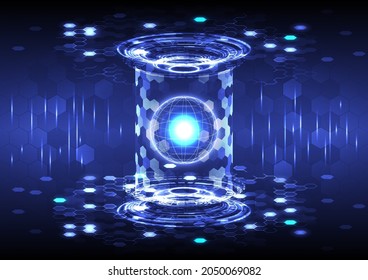 Portal and hologram science futuristic technology. Sci-fi digital hi-tech in glowing HUD projector. Magic gate in game fantasy. Circle teleport podium. GUI and UI virtual reality. Hexagon placeholder