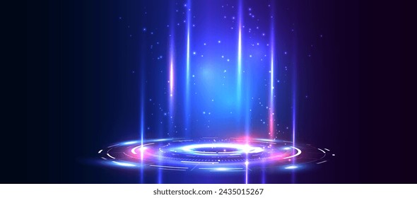 Portal and hologram science futuristic technology background. Sci-fi digital hi-tech stage in glowing HUD projector. Magic gate in game fantasy. Circle teleport podium. GUI, UI virtual reality. Vector