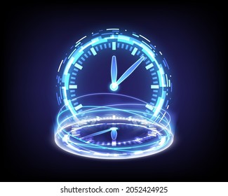 Portal and hologram time machine. Sci-fi digital hi-tech in glowing HUD projector. Magic gate in game fantasy. Circle teleport podium. GUI and UI virtual reality. Futuristic clock