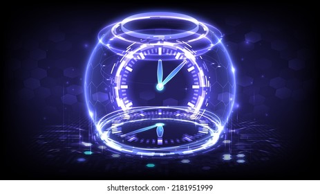 Portal and hologram time machine. Sci-fi digital hi-tech in glowing HUD projector. Magic gate in game fantasy. Circle teleport podium. GUI and UI virtual reality. Futuristic clock background