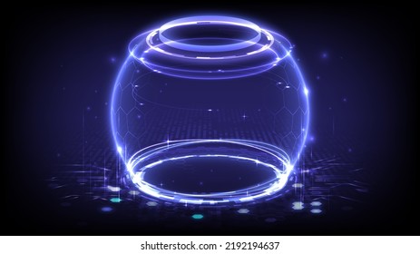 Portal and hologram time machine. Sci-fi digital hi-tech in glowing HUD projector. Magic gate in game fantasy. Circle teleport podium. Barrier of security privacy safe concept. Glowing sphere