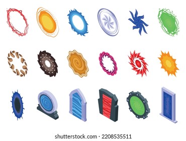 Portal icons set isometric vector. Digital stage. Magic game