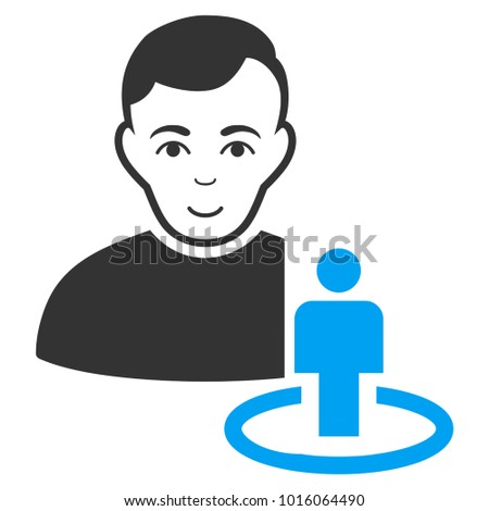 Portal Moderator vector pictogram. Flat bicolor pictogram designed with blue and gray. Human face has glad emotions.