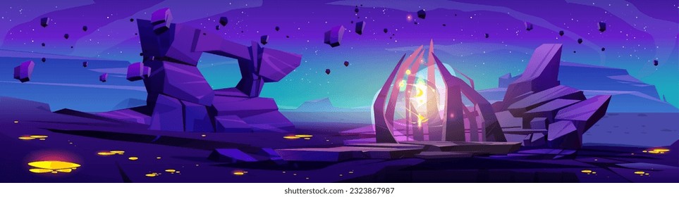 Portal on night space planet vector landscape background. Yellow gate with magic extraterrestrial sparkle in fantasy cosmic game location. Dark rock terrain with puddle glow light and floating stone