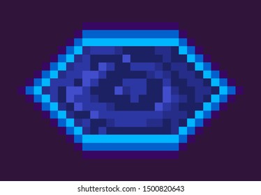Portal prize, space pixel game, flat design style of gantry in blue color, pixelated squared prize, element of next level, virtual decoration for video-game, neon doorway vector