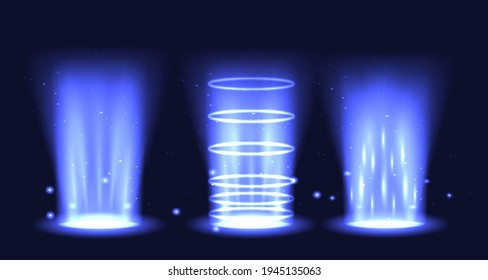 Portal set light effect hologram. Magic circle teleport podium. Ufo swirl beam and ray energy funnel