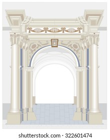 Portal significant historical buildings in the pseudo-Gothic style, shaped columns with Renaissance capitals, vault in passage and relief decorations of the vault