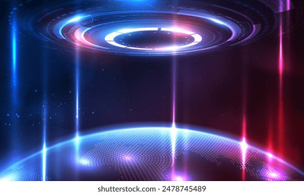 Nave espacial portal y conexión a la red del mapa mundial global. Holograma ciencia futurista. Metaverso de innovación tecnológica digital de ciencia ficción. Teletransportar. Puerta Warp. GUI, UI, realidad virtual 3d. Vector tecnológico.