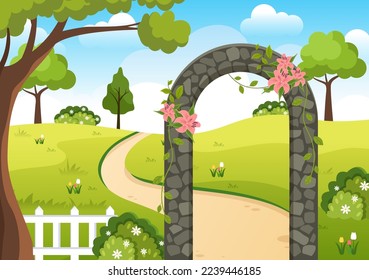 Portal with Summer Landscape Stone Arch Entrance to Public Park, Green Grass or Garden in Flat Cartoon Hand Drawn Template Illustration