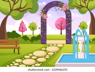 Portal with Summer Landscape Stone Arch Entrance to Public Park, Green Grass or Garden in Flat Cartoon Hand Drawn Template Illustration