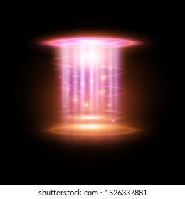 Portal from top, pink beams or glowing ray, hologram light effect, ufo teleport or concert, podium projector, futuristic glowing laser. Space tunnel, summon or teleportation technology, floodlight