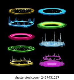 portal vfx set cartoon. magic green, fantasy lightspeed, hyperspace world portal vfx sign. isolated symbol vector illustration