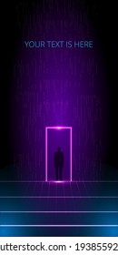 Ein Portal in virtueller Realität. Abstrakter Vektorhintergrund im Cyberpunk-Stil. Vertikale Bannervorlage.