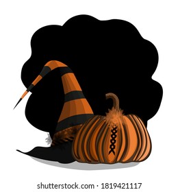 Portal with wave edge hat and pumpkin on white background Isolated vector illustration in Halloween style for banner invitation postcard announcement