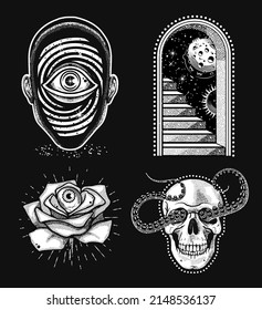 Portals to Moon, Skull With Tentacles,  Human Head Space Elements and Rose. Vector Illustration.