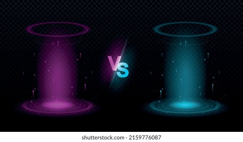 Portals pink vs blue. Graphic elements for games, two rivals having duel. Play area or arena, pre fight performance, competition and battle, entertainment. Cartoon isometric vector illustration