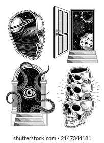 Portals to Space, Skulls Collection,  Human Head Space Elements. Vector Illustration.