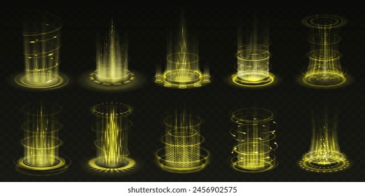 Portals with yellow light flashes realistic vector illustration set. Magical power and science 3d elements on black background. Level up template