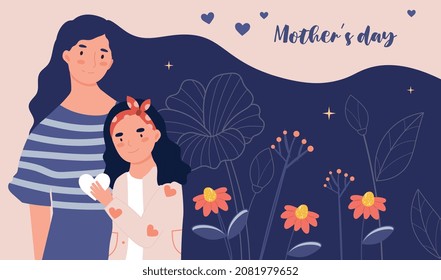 Portariado de hija pequeña. Madre con sus hijos, saludos y tarjetas de invitación. Vacaciones internacionales, cuidados, imágenes elegantes, flores de primavera, naturaleza, amor. Dibujo vectorial plano de dibujos animados