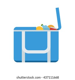 Portative beach freezer bag flat design icon. Picnic cooling lunch box vector illustration isolated on white background. Small freezer-bag in blue color with fruits and drinks.
