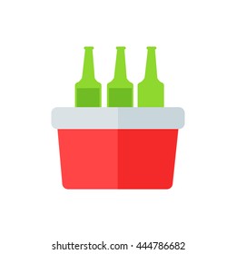 Portative beach freezer bag flat design icon. Picnic cooling lunch box isolated on white background. Small freezer-bag in red color with drinks. Vector illustration