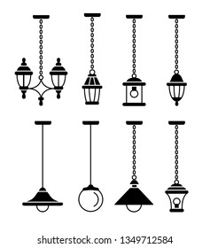 Portch & patio lights. Outdoor vintage pendants & lanterns.  Vector flat icon set. Isolated on white background. 