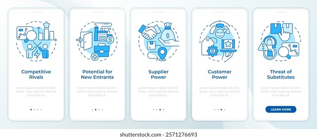 Porter 5 forces blue onboardingmobile app screen. Management. Walkthrough 5 steps editable graphic instructions with linear concepts. UI, UX, GUI template