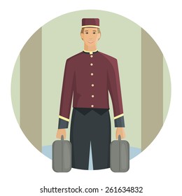 Porter carrying a suitcase, flat design