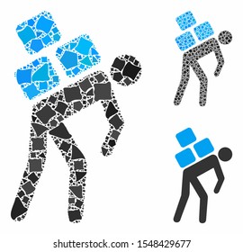 Porter composition of abrupt elements in variable sizes and color tints, based on porter icon. Vector inequal pieces are composed into collage. Porter icons collage with dotted pattern.